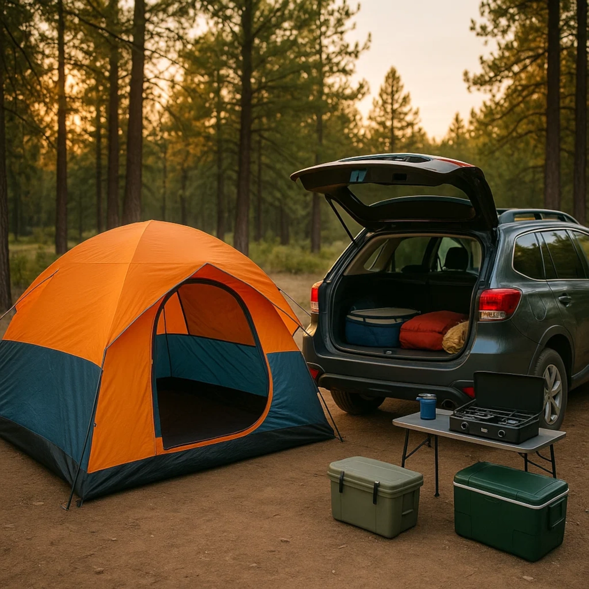 Tente orange et SUV avec des glacières, un réchaud et des sacs de couchage installés dans un terrain de camping forestier.