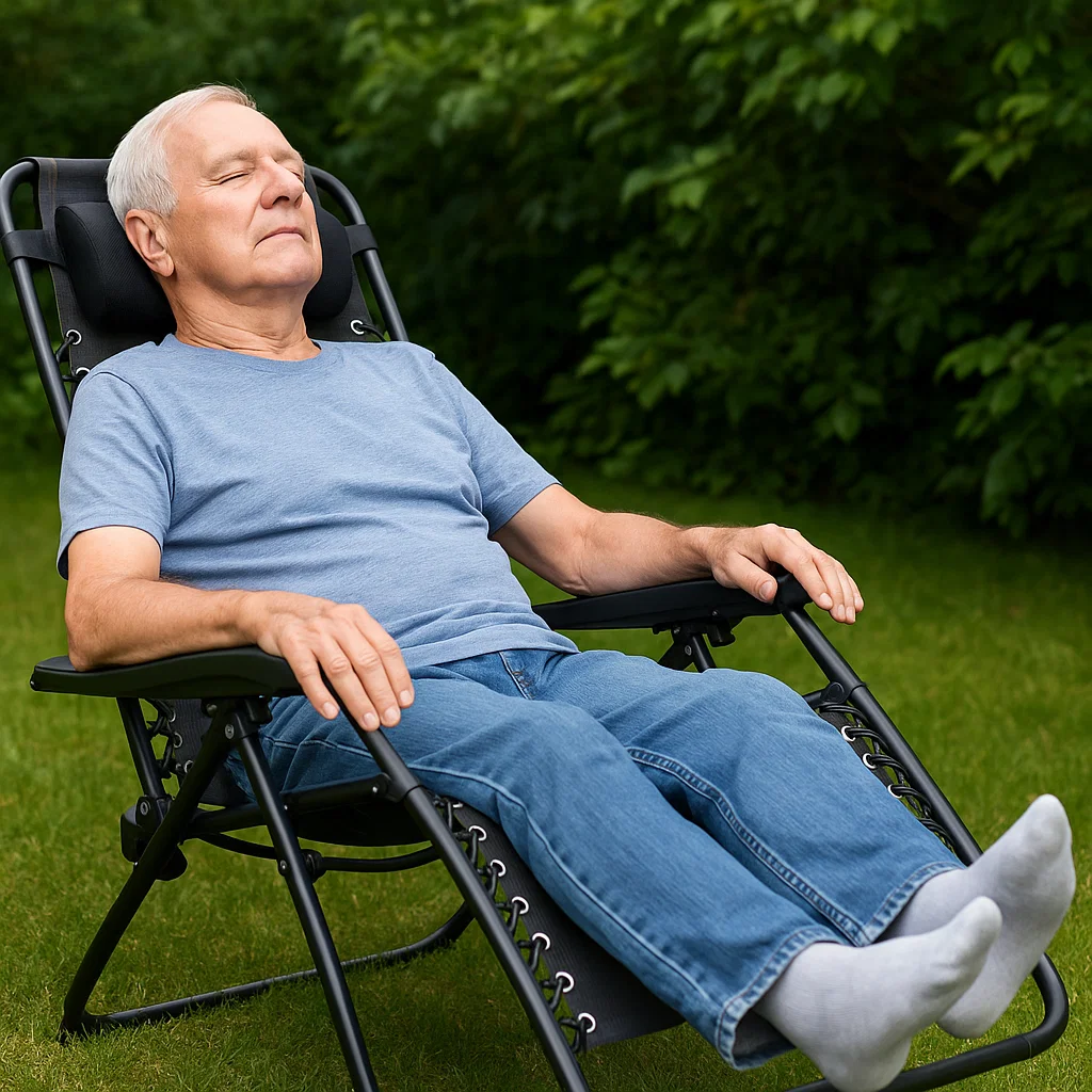 Vieux homme se relaxant à l'extérieur dans un fauteuil zéro gravité noir sur une pelouse verte.