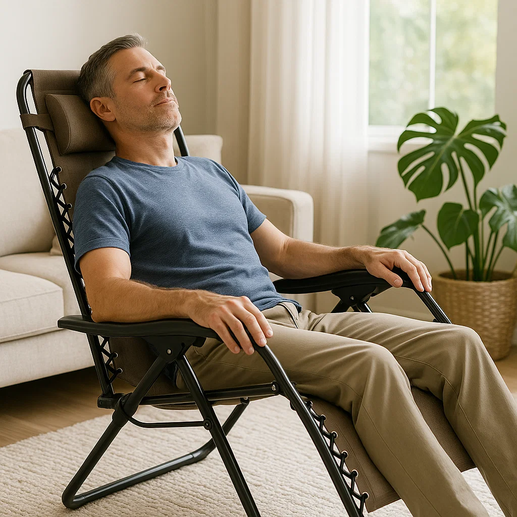 Homme d'âge moyen s'allongeant à l'intérieur sur un fauteuil zéro gravité brun avec une plante en arrière-plan.