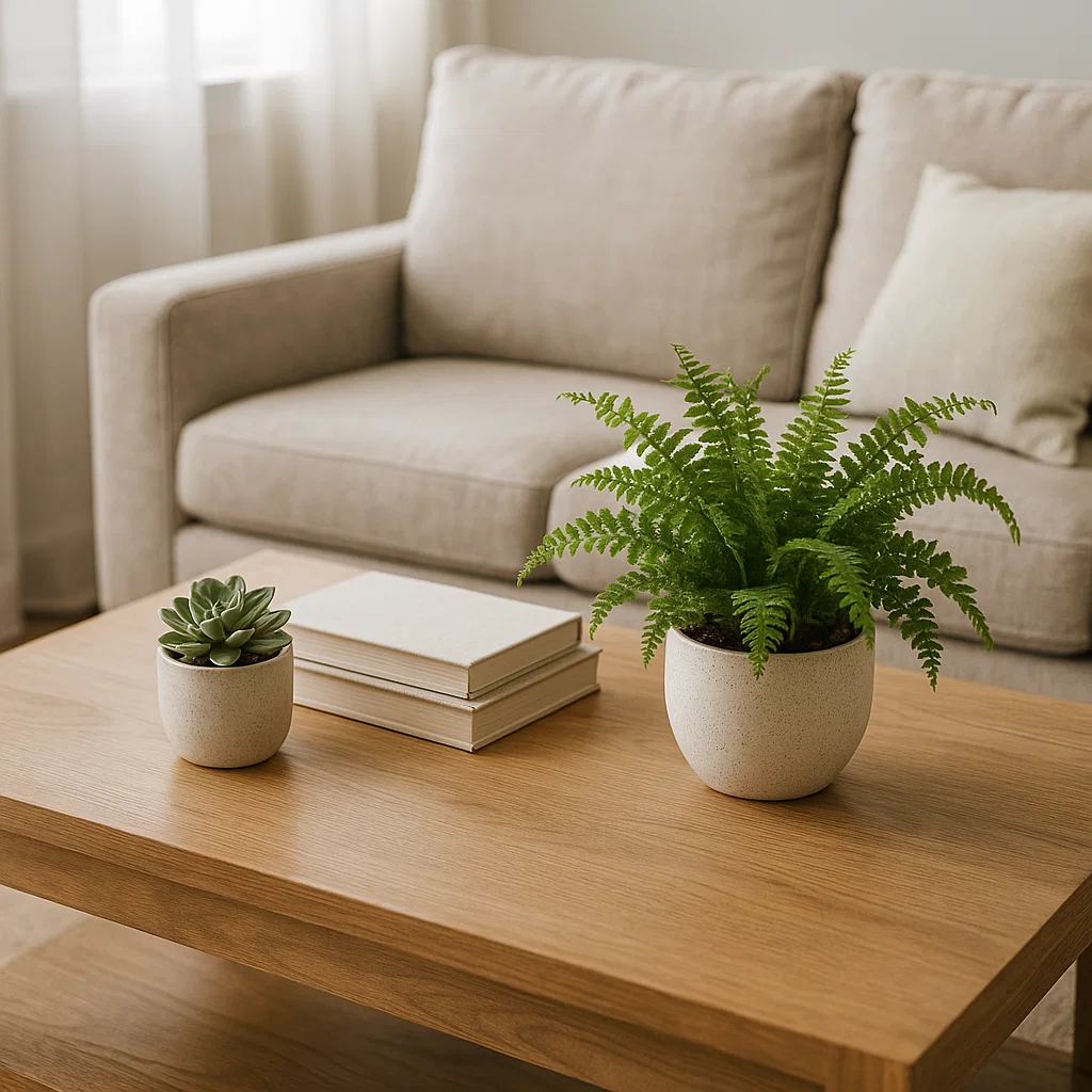 Eucalyptus frais dans un vase en verre avec un bol en bois sur une table en marbre.