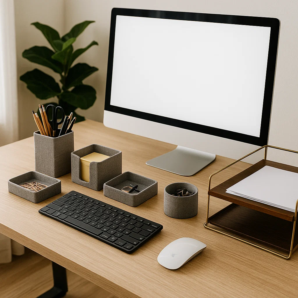 Organisateurs gris bien rangés sur une table en bois avec un grand écran blanc