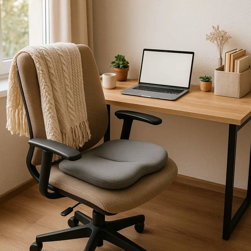 Fauteuil de bureau avec coussin et plaid à côté d'un bureau en bois avec un ordinateur portable et des plantes