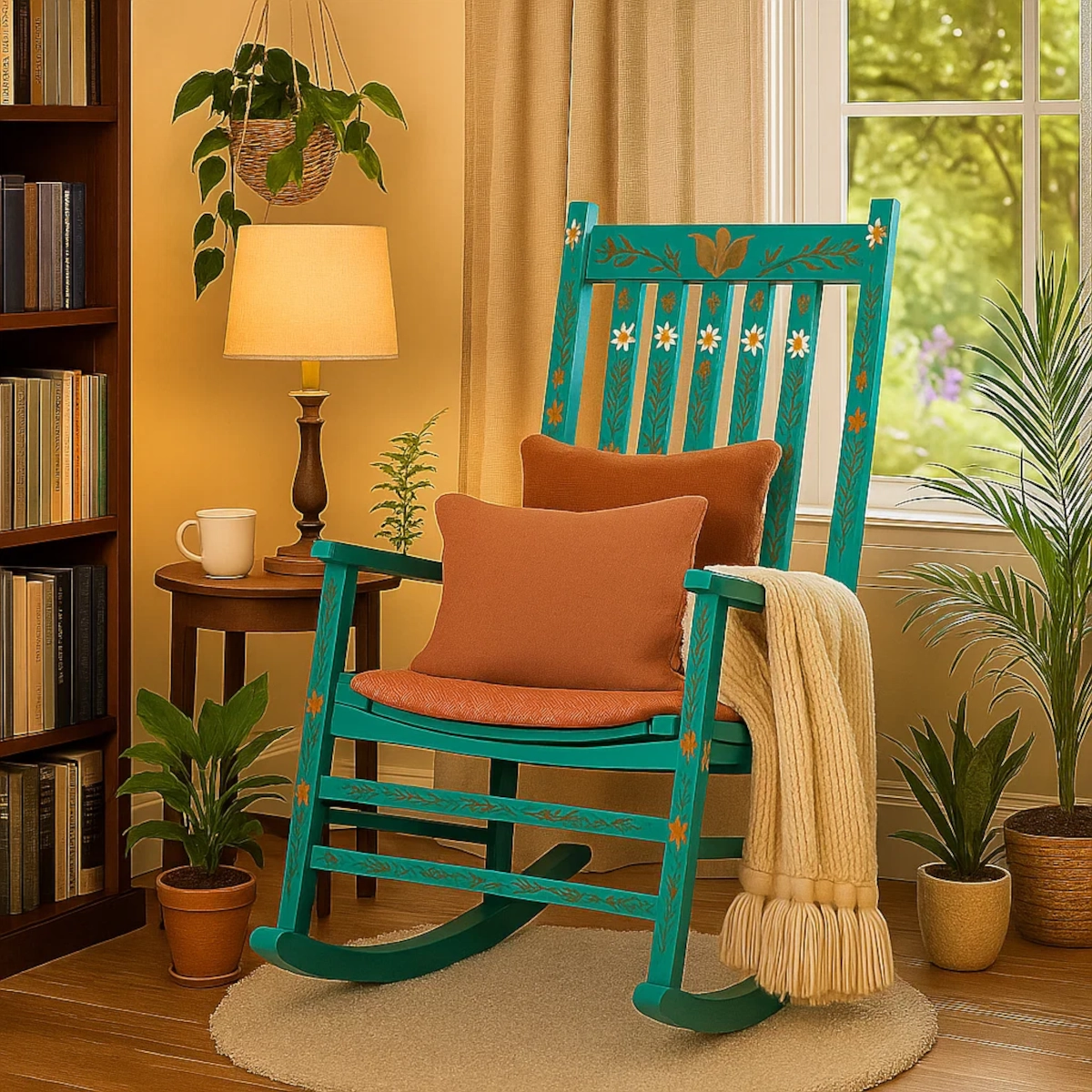Fauteuil berçant turquoise avec des coussins et des plantes autour dans un cadre intérieur confortable près de la fenêtre.