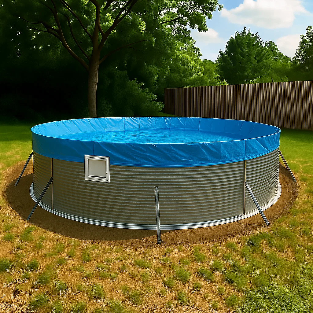 Doublure bleue en vinyle déroulée et ajustée soigneusement à l'intérieur du cadre de la piscine.