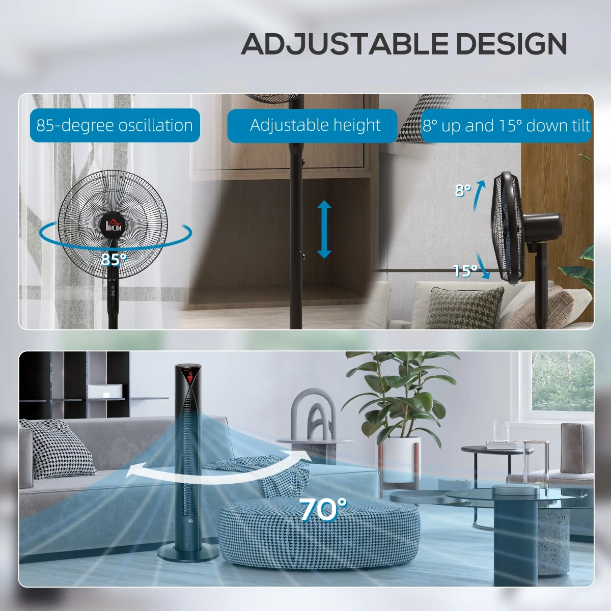 Comparaison des ventilateurs colonne et sur pied mettant en avant leurs caractéristiques de design et de débit d'air.