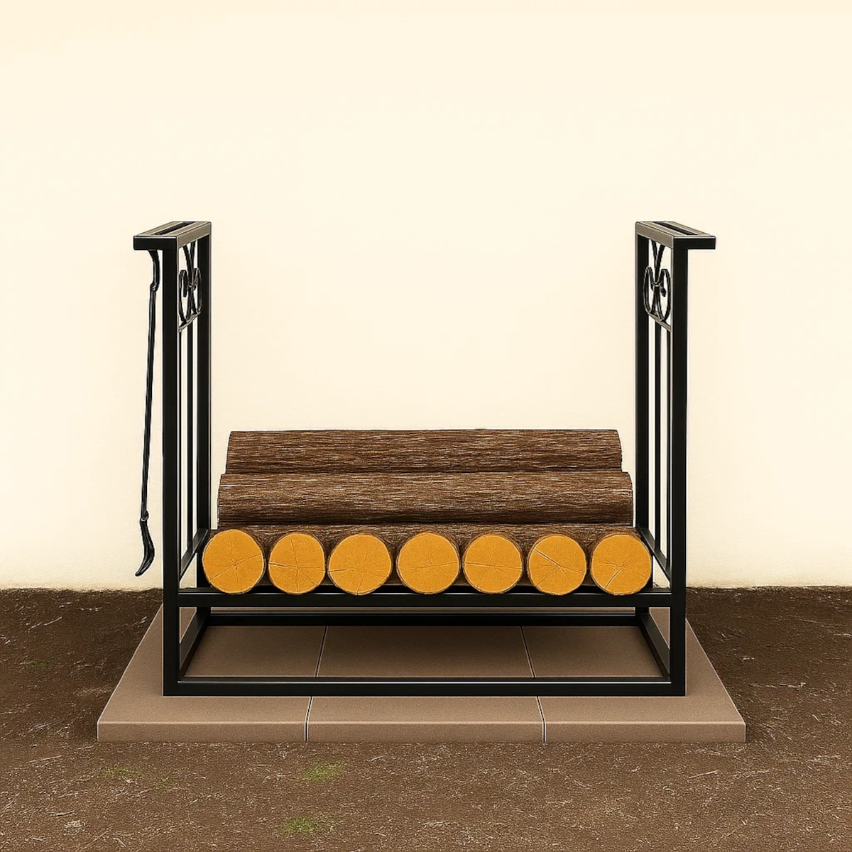 Porte-bùches en métal tenant la première couche de grosses bùches rondes