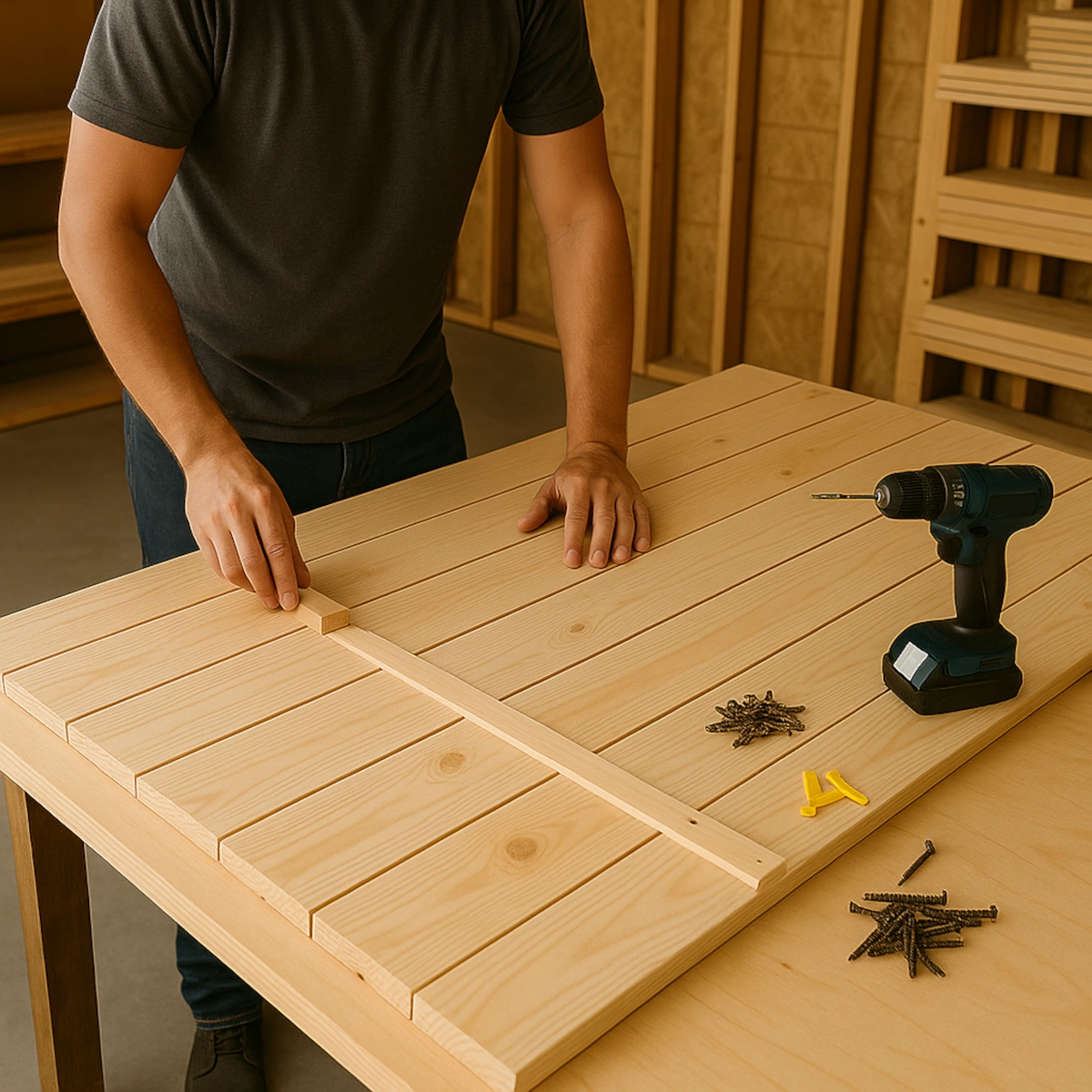 Homme alignant et fixant des planches de plateau de table en lattes avec une perceuse et des vis dans un atelier.