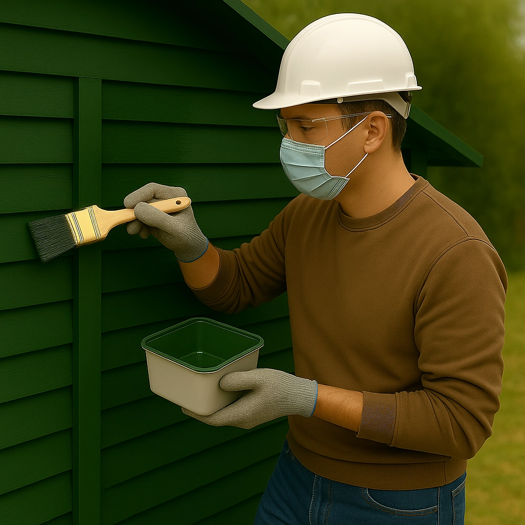 Mur de remise ensoleillé sèchant avant l'application de la deuxième couche de peinture extérieure.