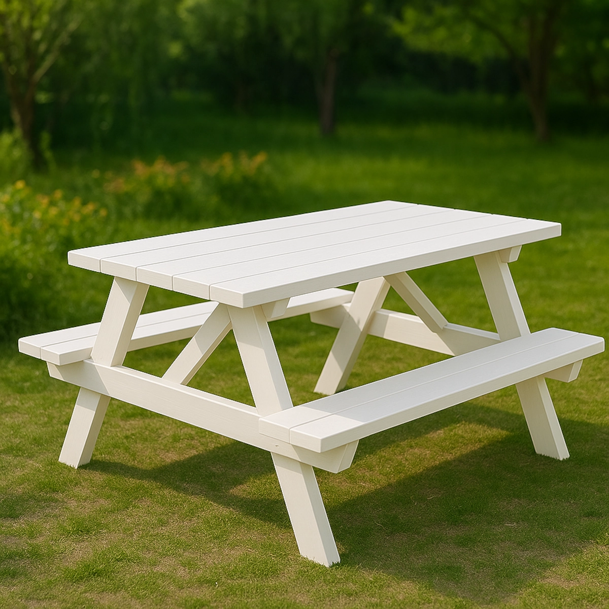 Table de pique-nique fraîchement peinte laissée à sécher sous le soleil dans un cadre de jardin.