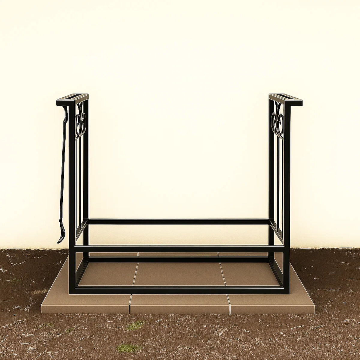 Porte-bùches vide placé sur un sol extérieur de niveau avec une base en carreaux.