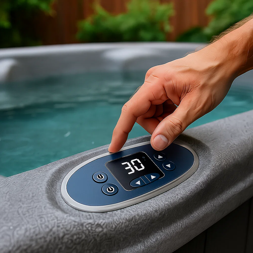 Utilisateur ajustant le panneau de commande de température pour baisser les réglages de l'eau du jacuzzi.