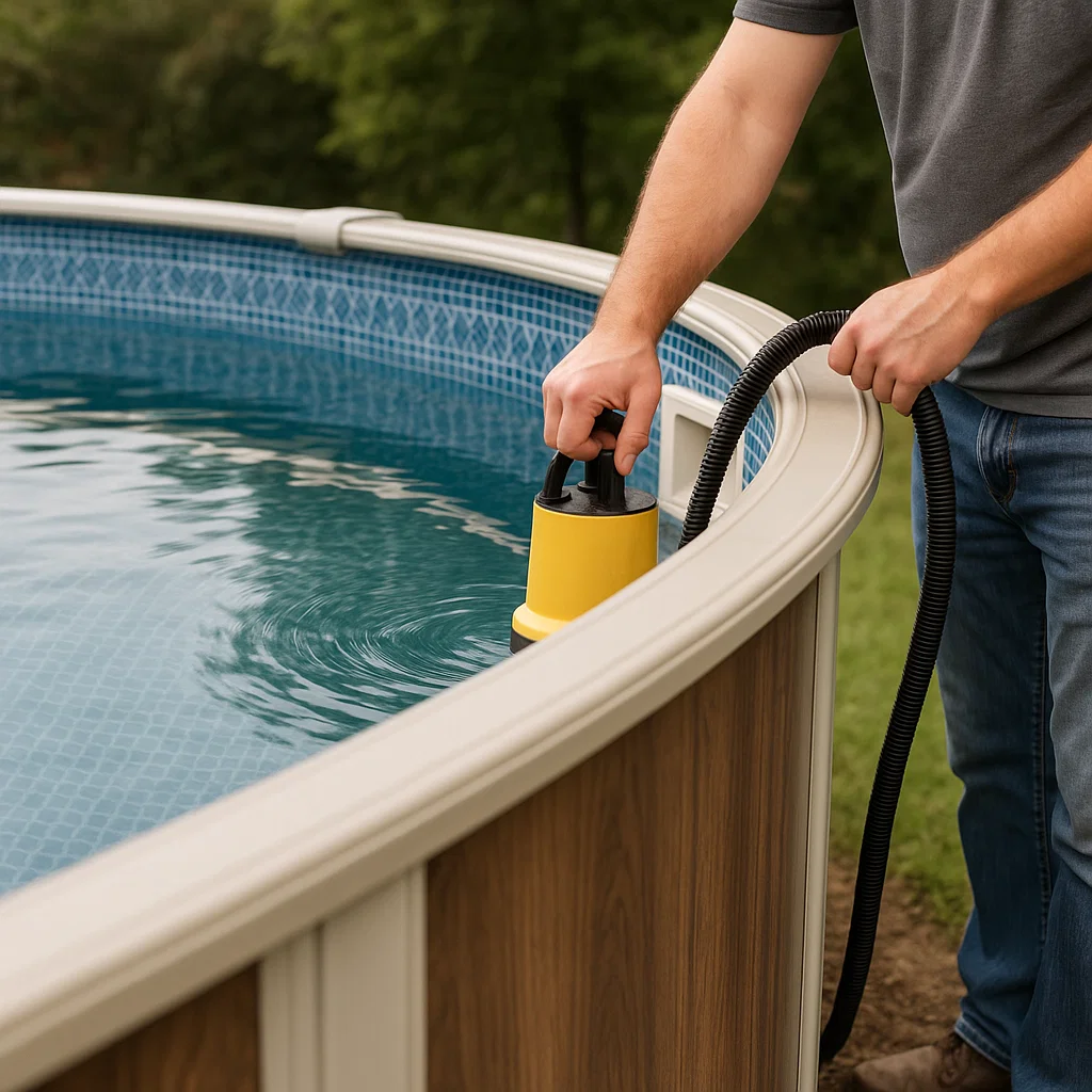 Personne aspirant une piscine hors-sol pour retirer les feuilles et la saleté avant la fermeture saisonnière.