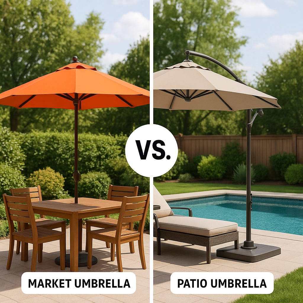 Comparison of market umbrella and patio umbrella styles in an outdoor space.
