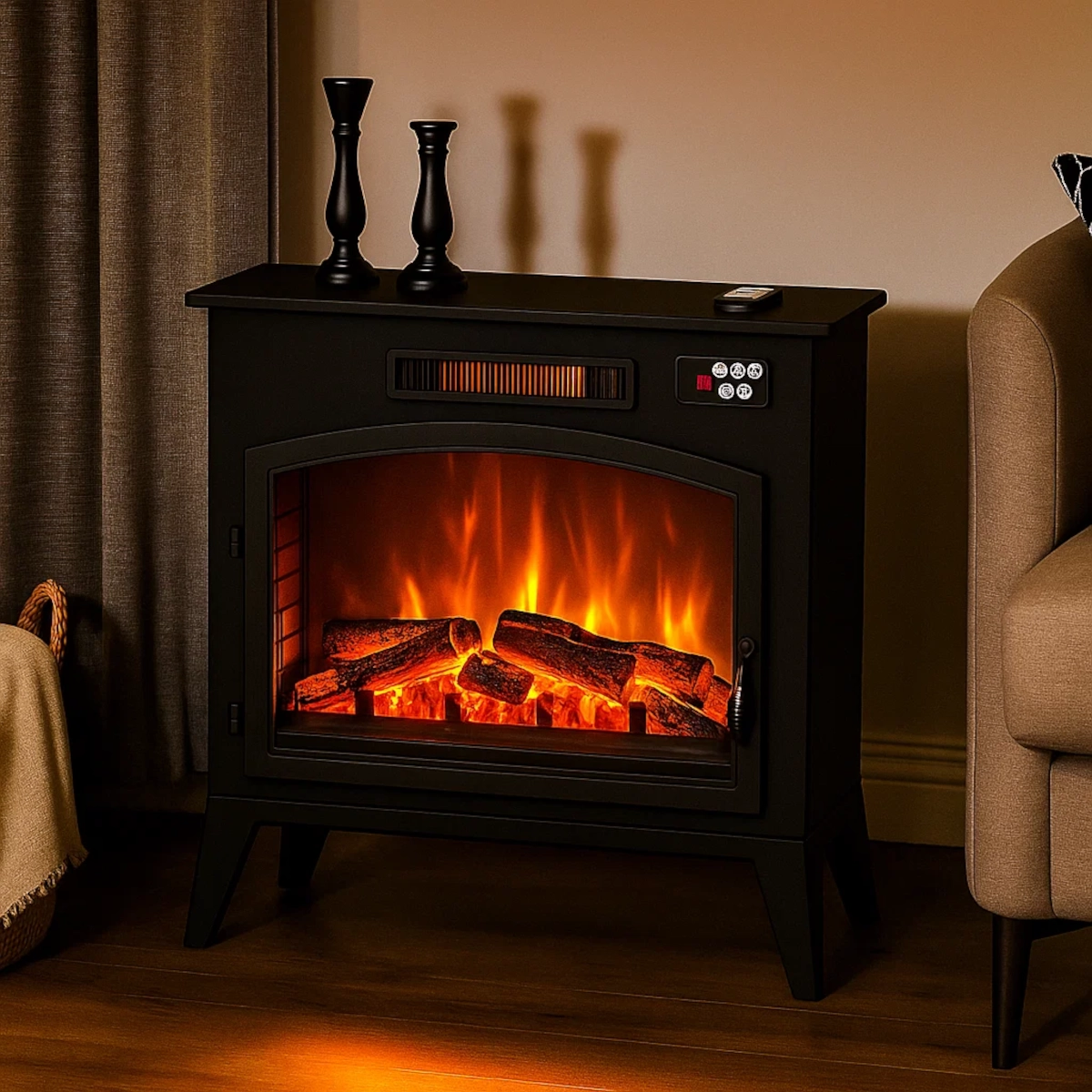 Cheminée électrique blanche avec lit de braises lumineux à côté d'un canapé gris et d'un rideau dans une pièce moderne.