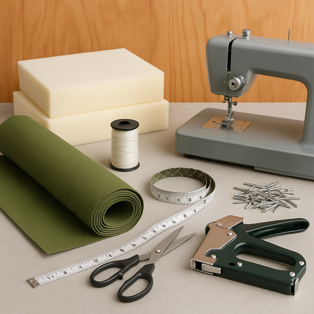 Affichage d’outils de couture, de matériel et de tissu extérieur nécessaires pour recouvrir le siège d’une balançoire de porche.