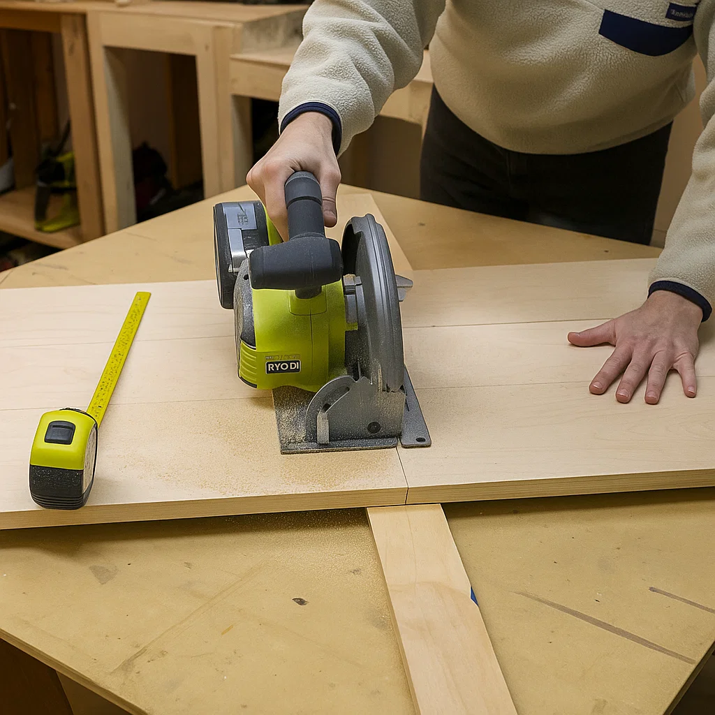 Coupe d’une planche de bois avec une scie circulaire et une règle à mesurer lors d’un projet de mobilier en DIY.