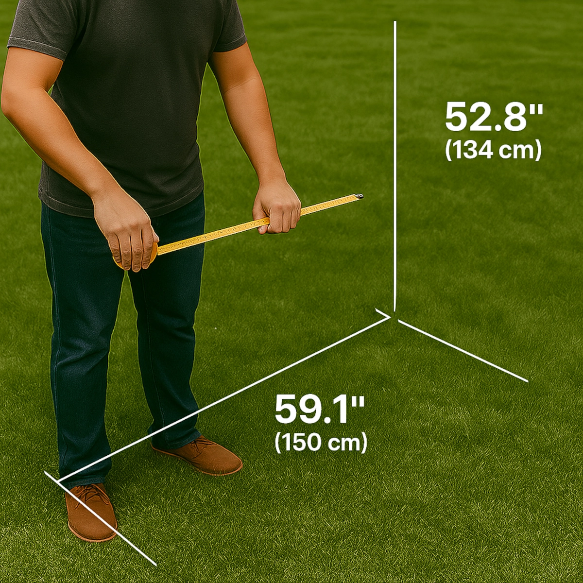 Personne mesurant une zone de pelouse extérieure avec une règle graduée, montrant les dimensions en pouces et en centimètres.
