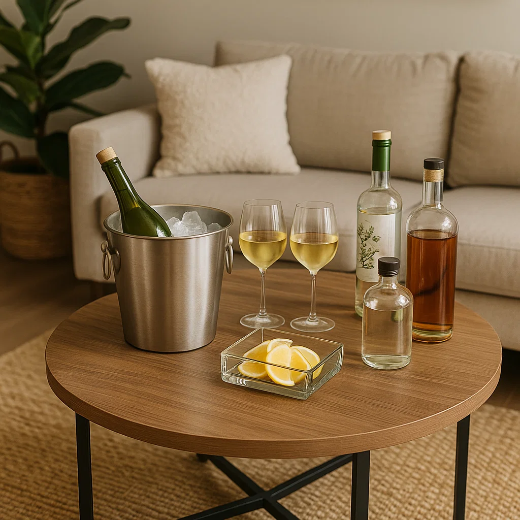 Table ronde en bois avec une bouteille de vin, un seau à glace, des verres et des tranches de citron prêts pour les boissons.