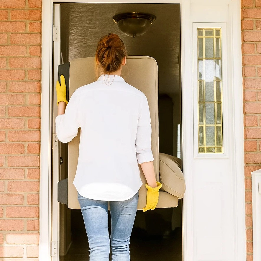 Femme transportant un grand fauteuil par la porte d'entrée, portant des gants jaunes.