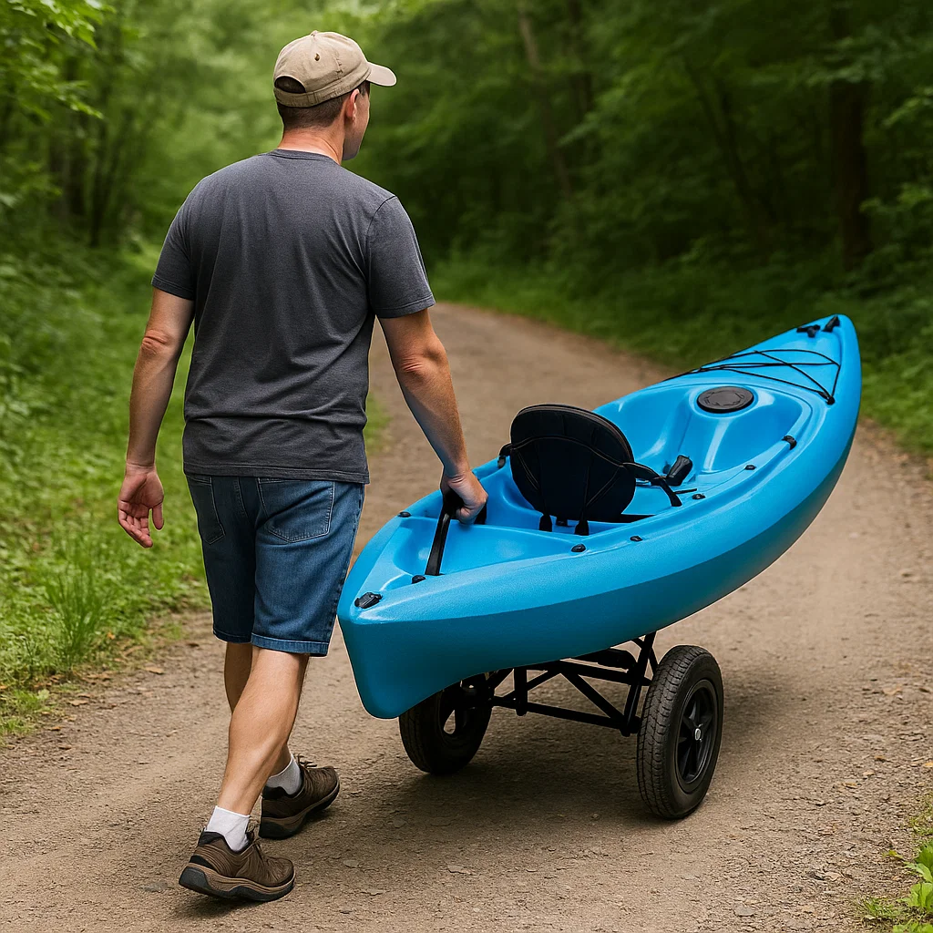 Homme tirant un kayak bleu sur un chariot à roues noires le long d'un sentier de terre boisé pour le transport.