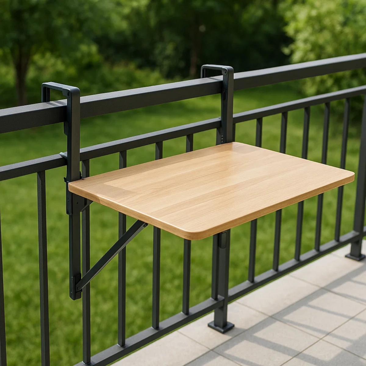 Table pliante en bois fixée au garde-corps noir du balcon, adossée à une pelouse verte luxuriante.