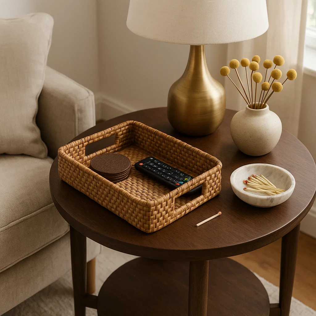 Table d'appoint avec un plateau tissé, une télécommande, des sous-verres, et un bol décoratif pour organiser les essentiels.