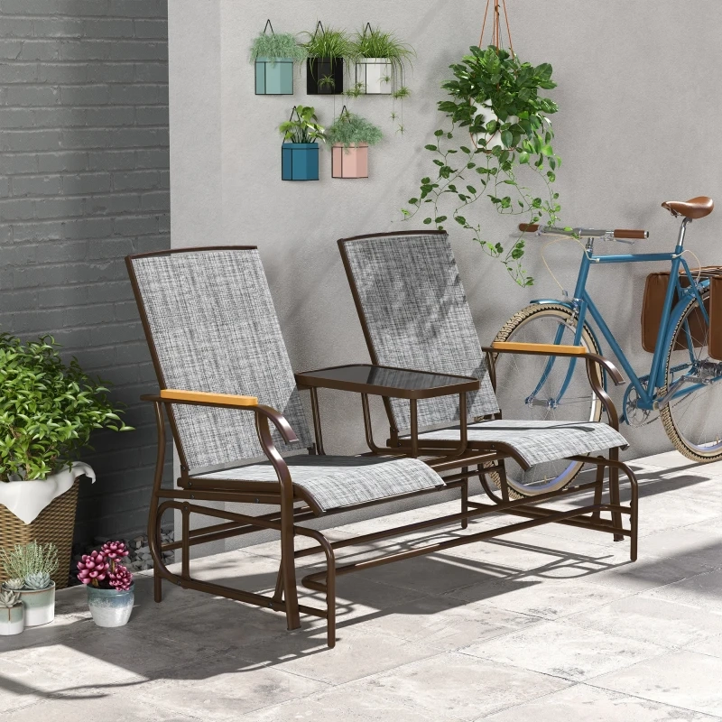 Cushioned two-person glider chair for cozy outdoor seating and gentle rocking motion.
