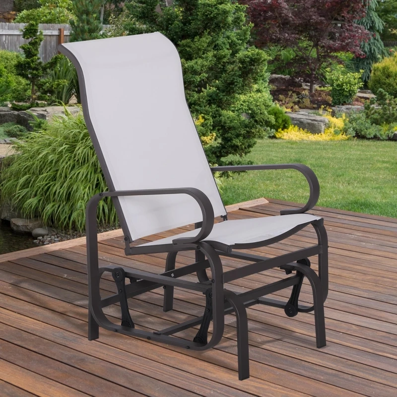 Outdoor mesh glider chair with reclining backrest placed on a wooden deck with greenery.