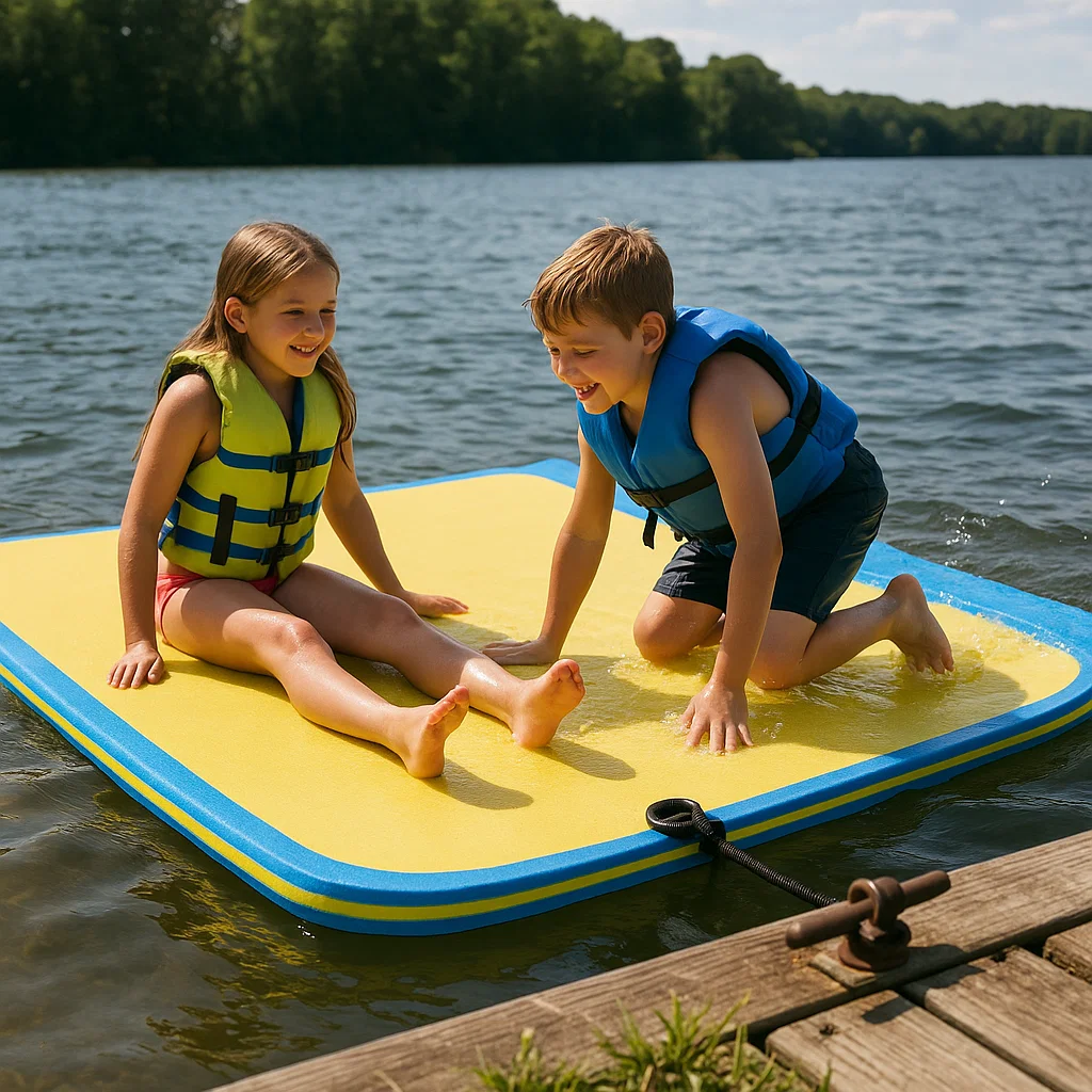 Enfants jouant sur une natte flottante solidement attachée au ponton en utilisant un ancrage permanent en terre.
