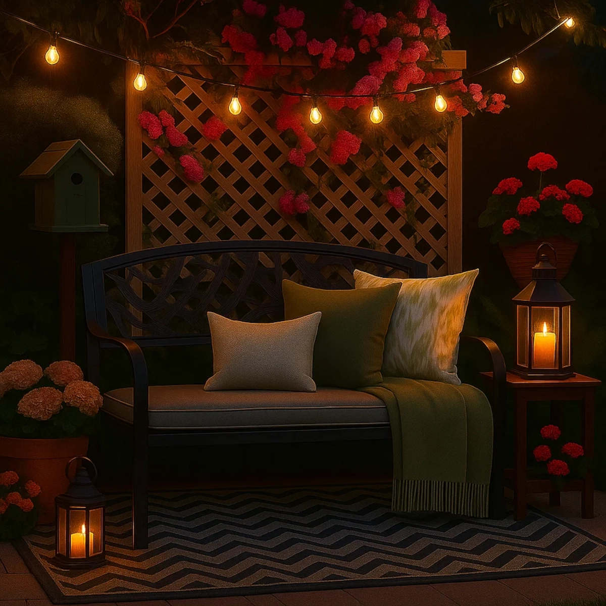 Un plateau décoratif, une lanterne et une statue de jardin sur et autour d'un banc de jardin.