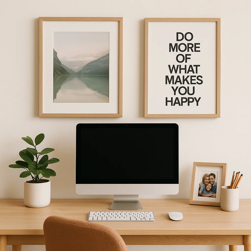 Imprimés encadrés au-dessus de l'écran sur un bureau en bois avec une plante et une photo de famille
