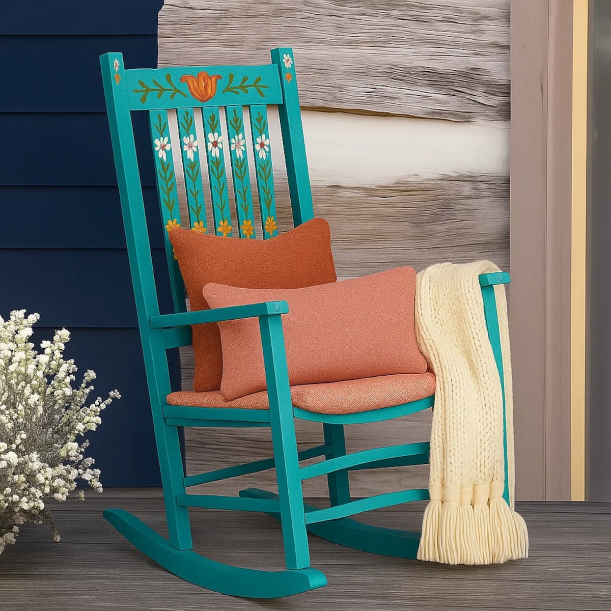 Fauteuil berçant turquoise peint à la main avec des détails floraux, une couverture et des coussins sur une véranda.
