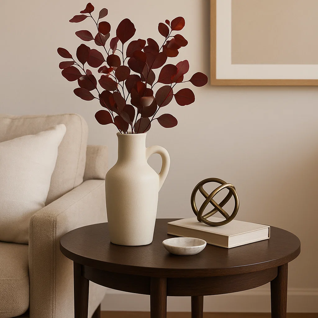 Table d'appoint présentant un grand vase avec une verdure contrastante et un design minimaliste.