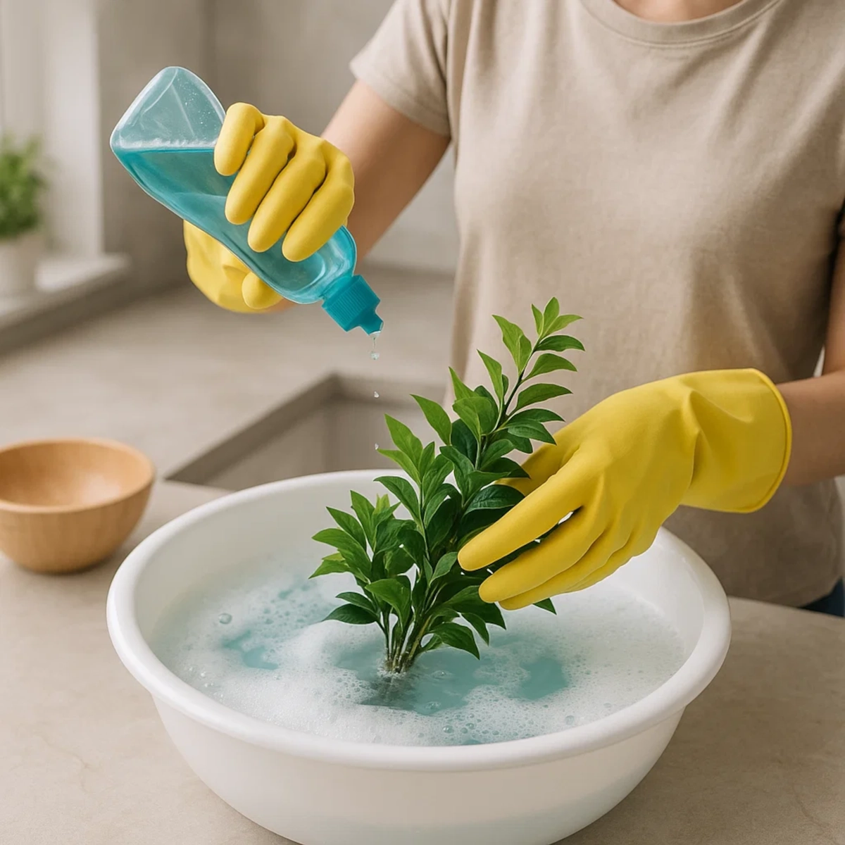 Personne avec des gants jaunes lavant une plante en plastique dans de l'eau savonneuse à l'aide d'un détergent liquide.
