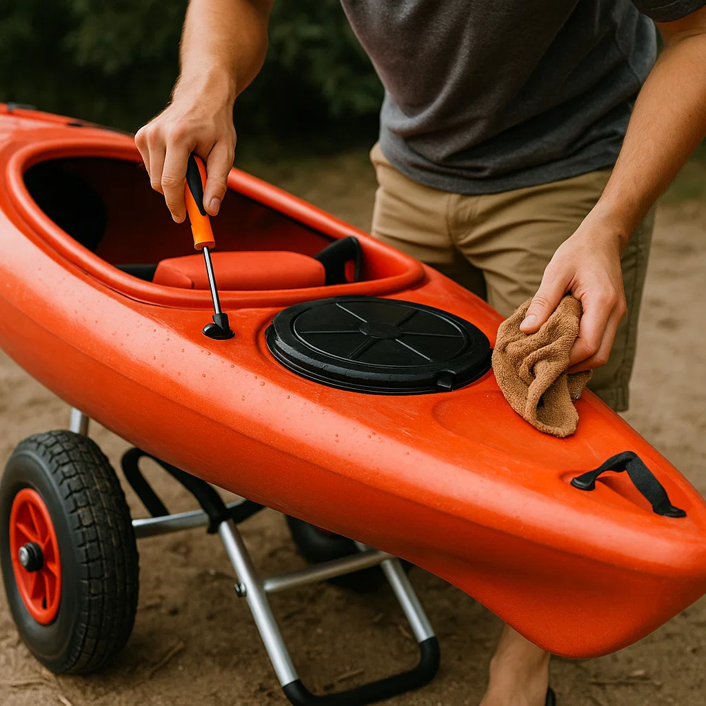 Homme séchant un kayak rouge et vérifiant les écoutilles avant le transport en utilisant un chariot de kayak à roues.
