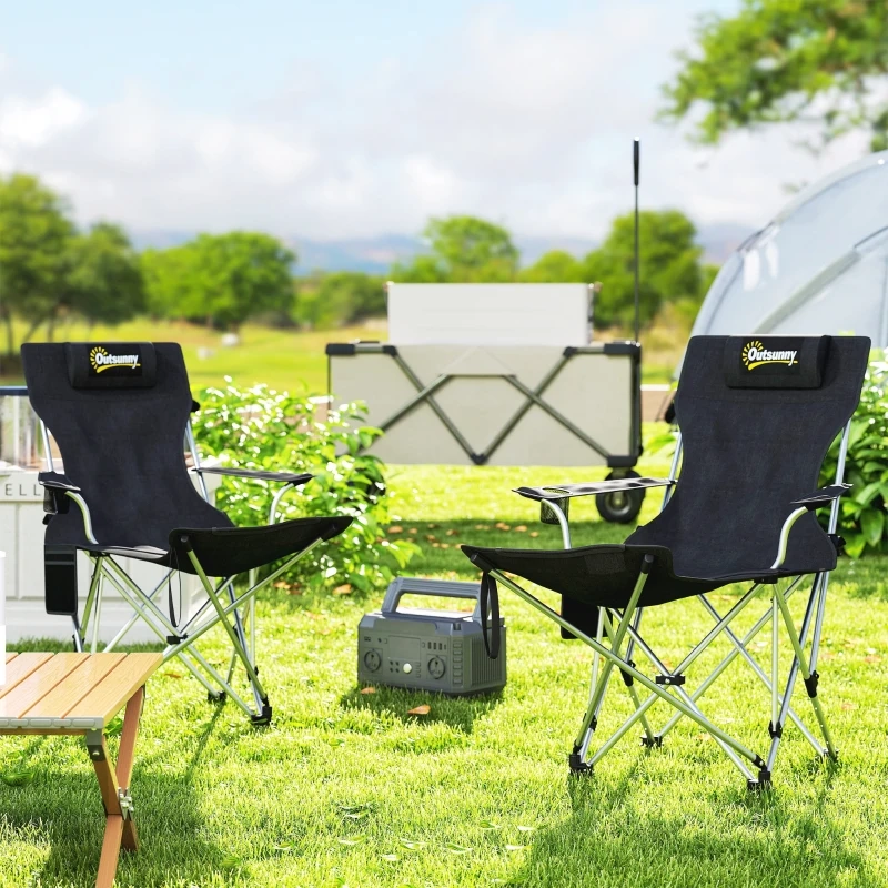 Siège de camping inclinable avec repose-pieds réglable et coussin pour la tête, parfait pour la détente en plein air.