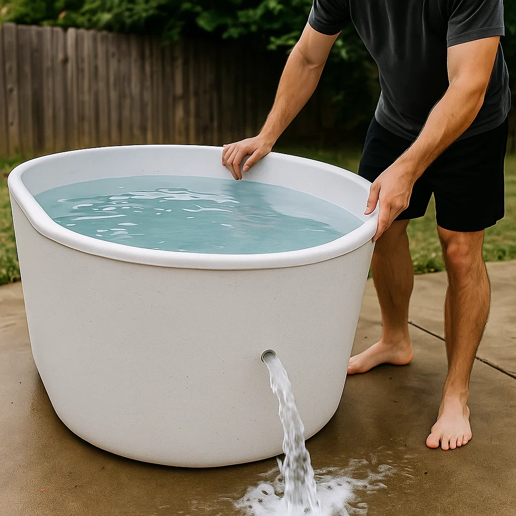 Un homme vide l'eau d'un bain de plongée froide à l'extérieur lors de l'entretien régulier.