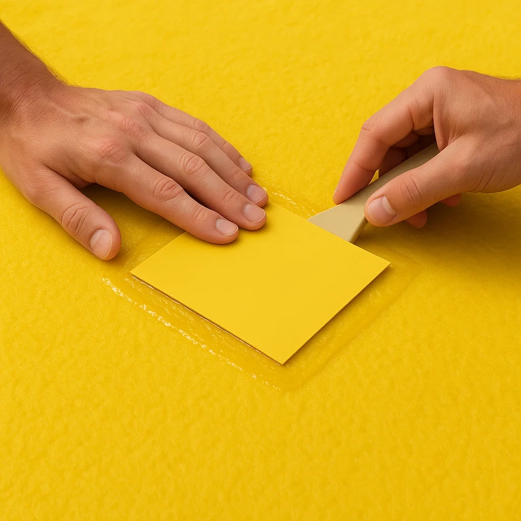 Patch carré supplémentaire superposé sur une réparation existante pour renforcer la surface d'un tapis flottant.