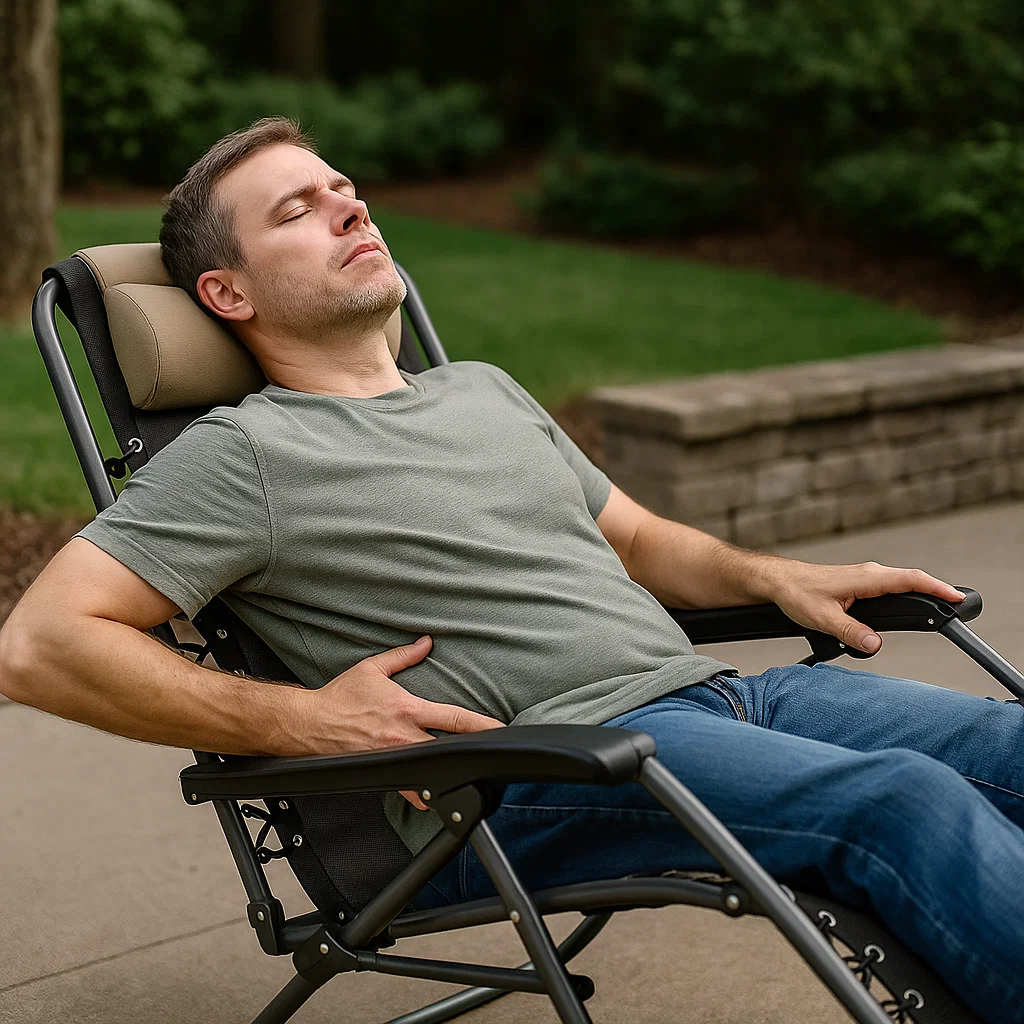 Homme s'allongeant confortablement à l'extérieur sur un fauteuil zéro gravité, yeux fermés, profitant de la vue sur le jardin.