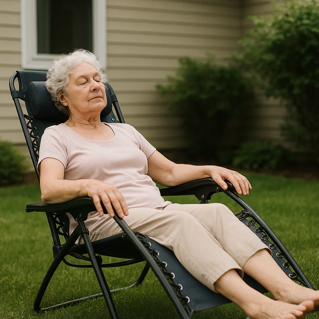 Femme âgée s'allongeant sur un fauteuil zéro gravité noir, se relaxant sur une pelouse verte dans sa cour arrière.