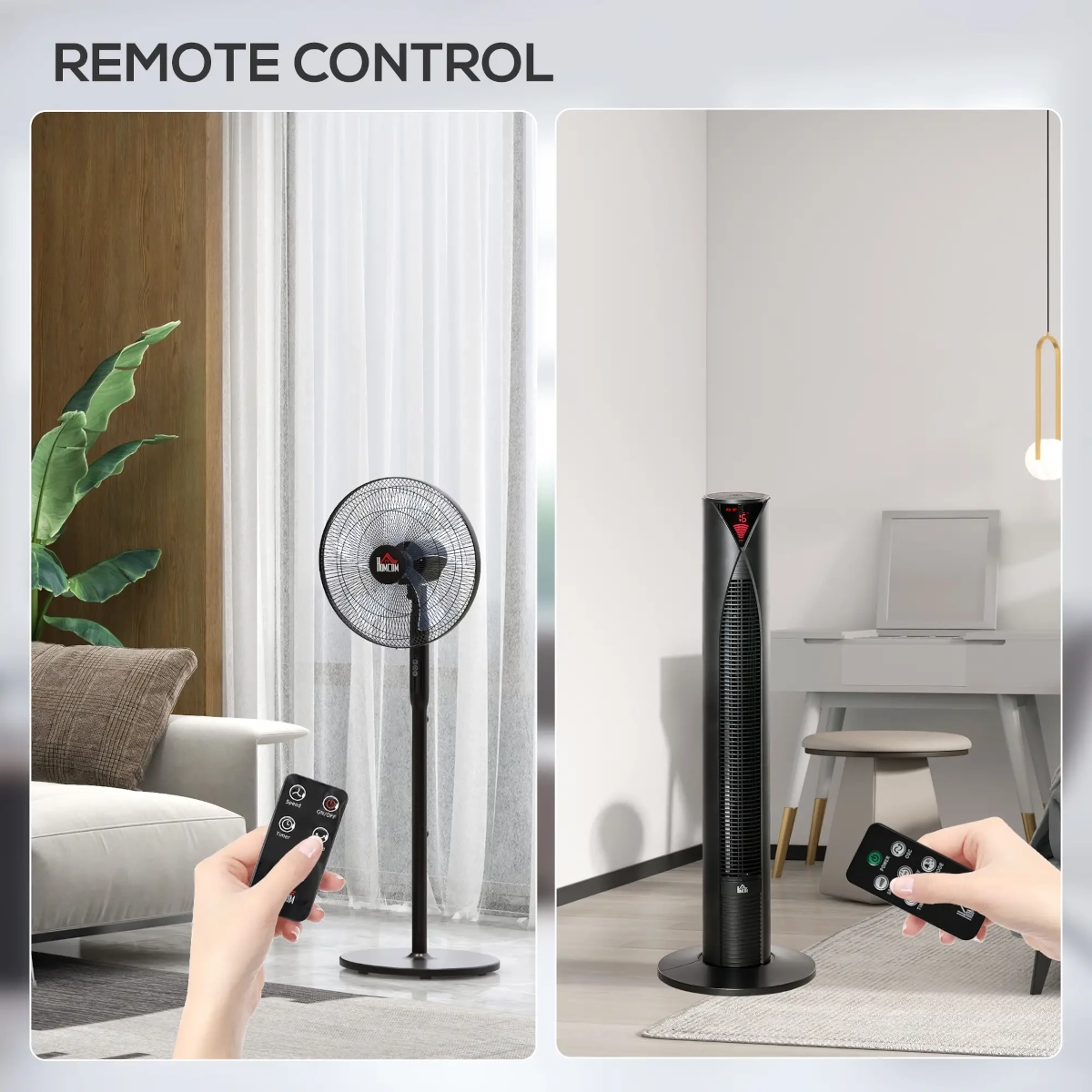Personne utilisant une télécommande pour ajuster les paramètres d'un ventilateur colonne à distance.