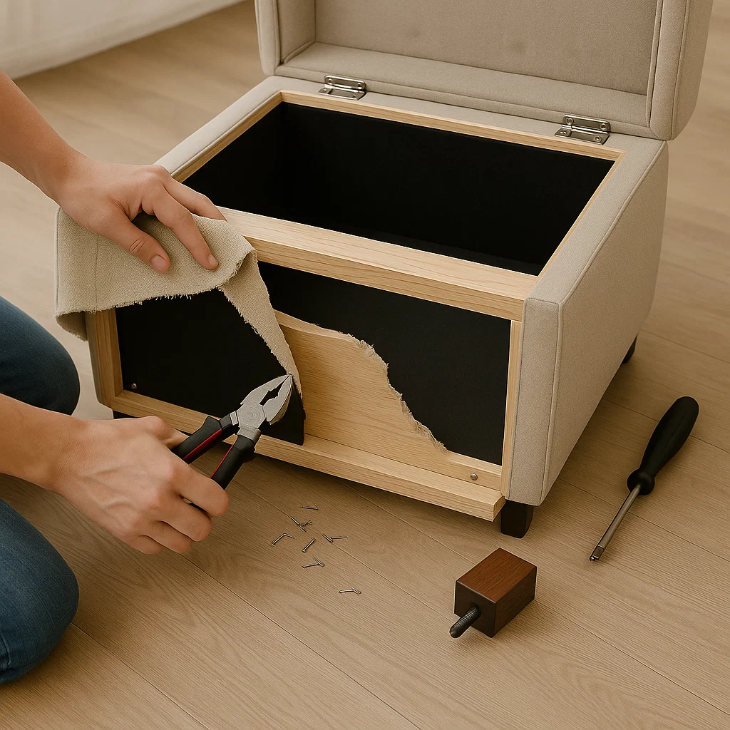 Retrait du tissu de tapisserie du pouf avec une pince et un tournevis sur un sol en bois.