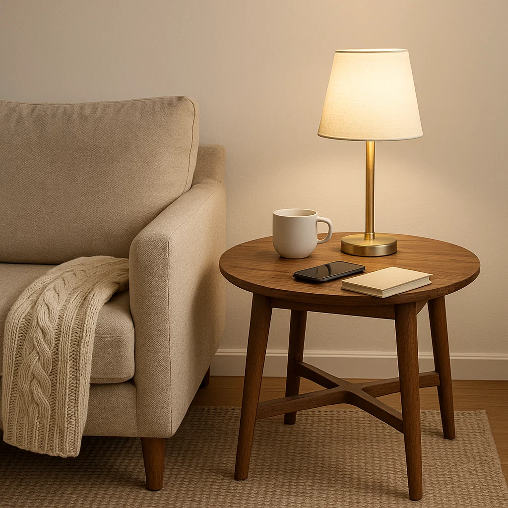 Table d'appoint avec une lampe, une tasse de café, et un espace libre pour l'utilisation d'un téléphone ou d'un livre.