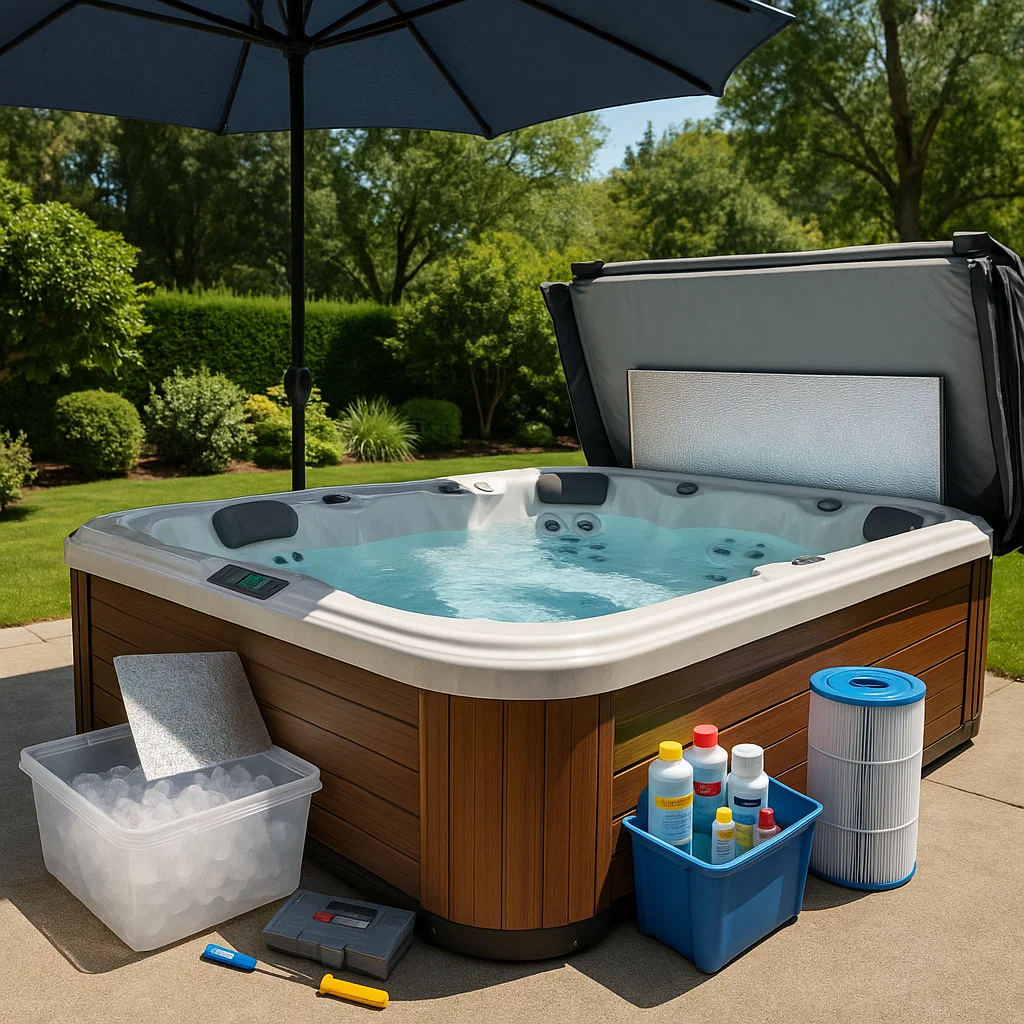 Personne inspectant et nettoyant le jacuzzi avant de le convertir pour une utilisation en baignoire froide.