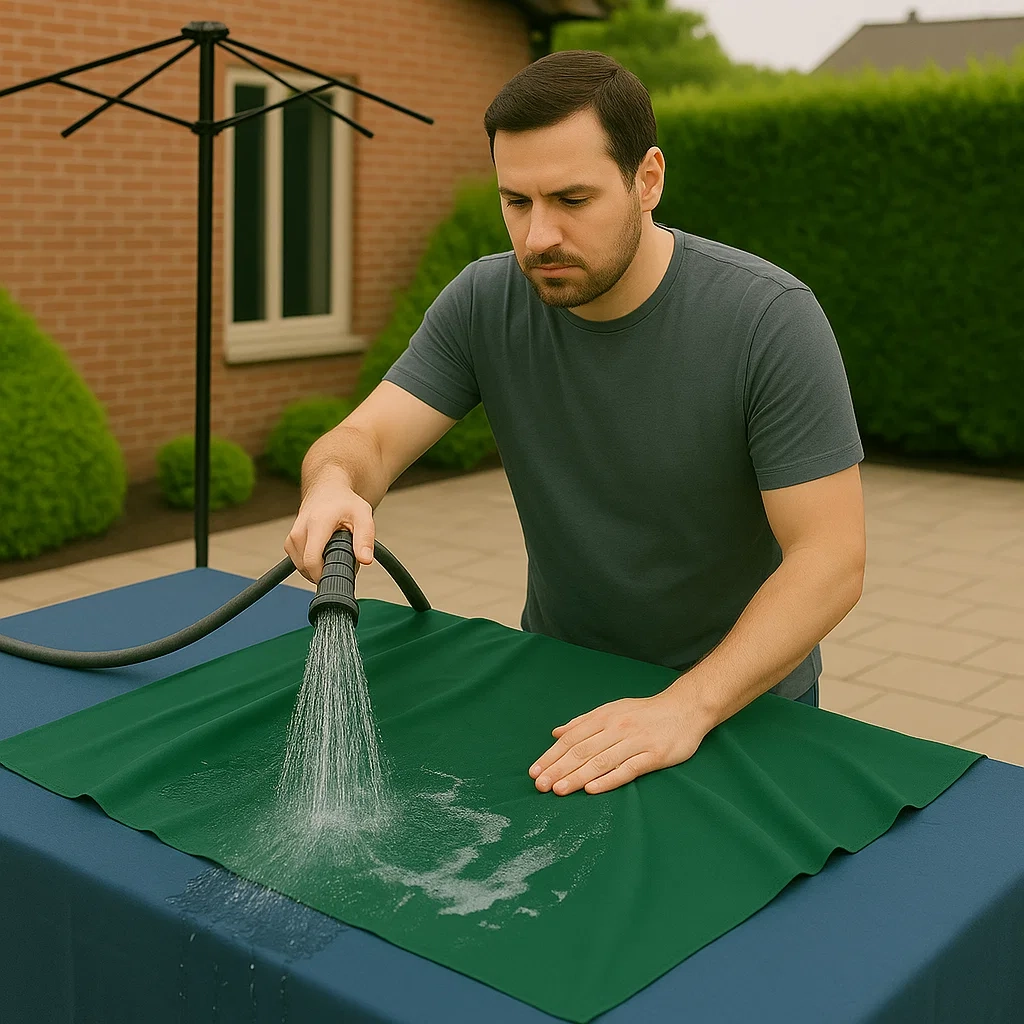 Un tuyau pulvérise de l'eau claire pour rincer le savon du tissu de parasol au sol.