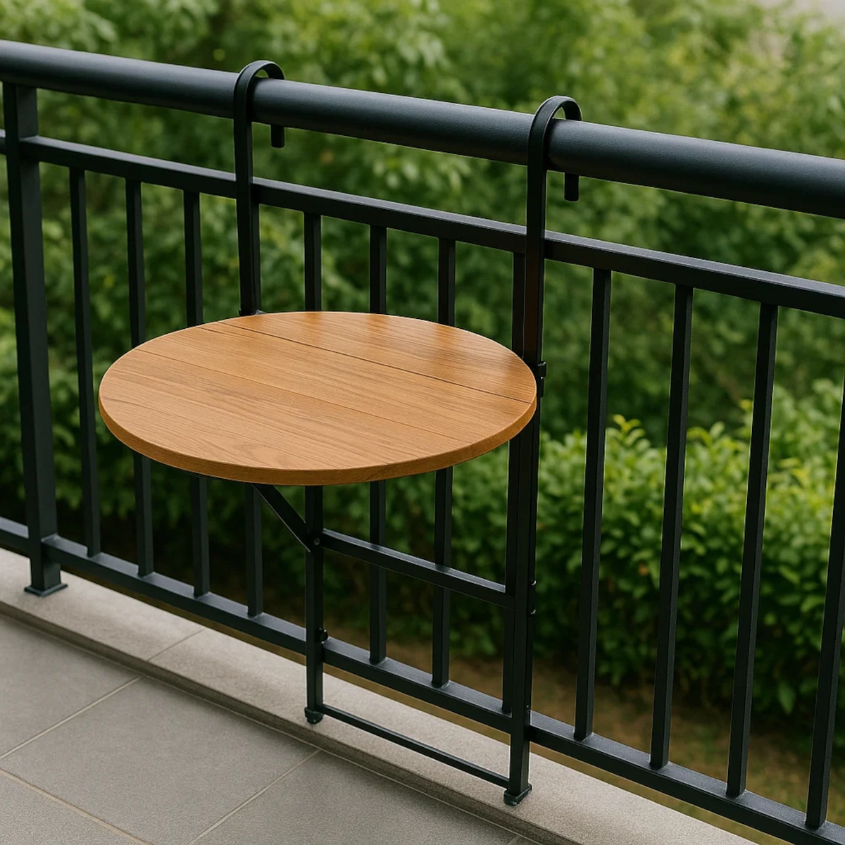 Table circulaire en bois de balcon montée sur des garde-corps noirs, avec des arbres feuillus à l'arrière-plan.