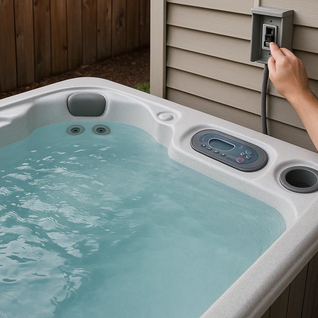 Main éteignant le chauffage du jacuzzi pour préparer l'installation de l'eau froide.