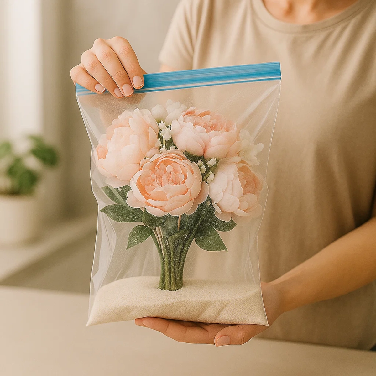 Bouquet de fleurs artificielles roses dans un sac plastique rempli de sel nettoyant.