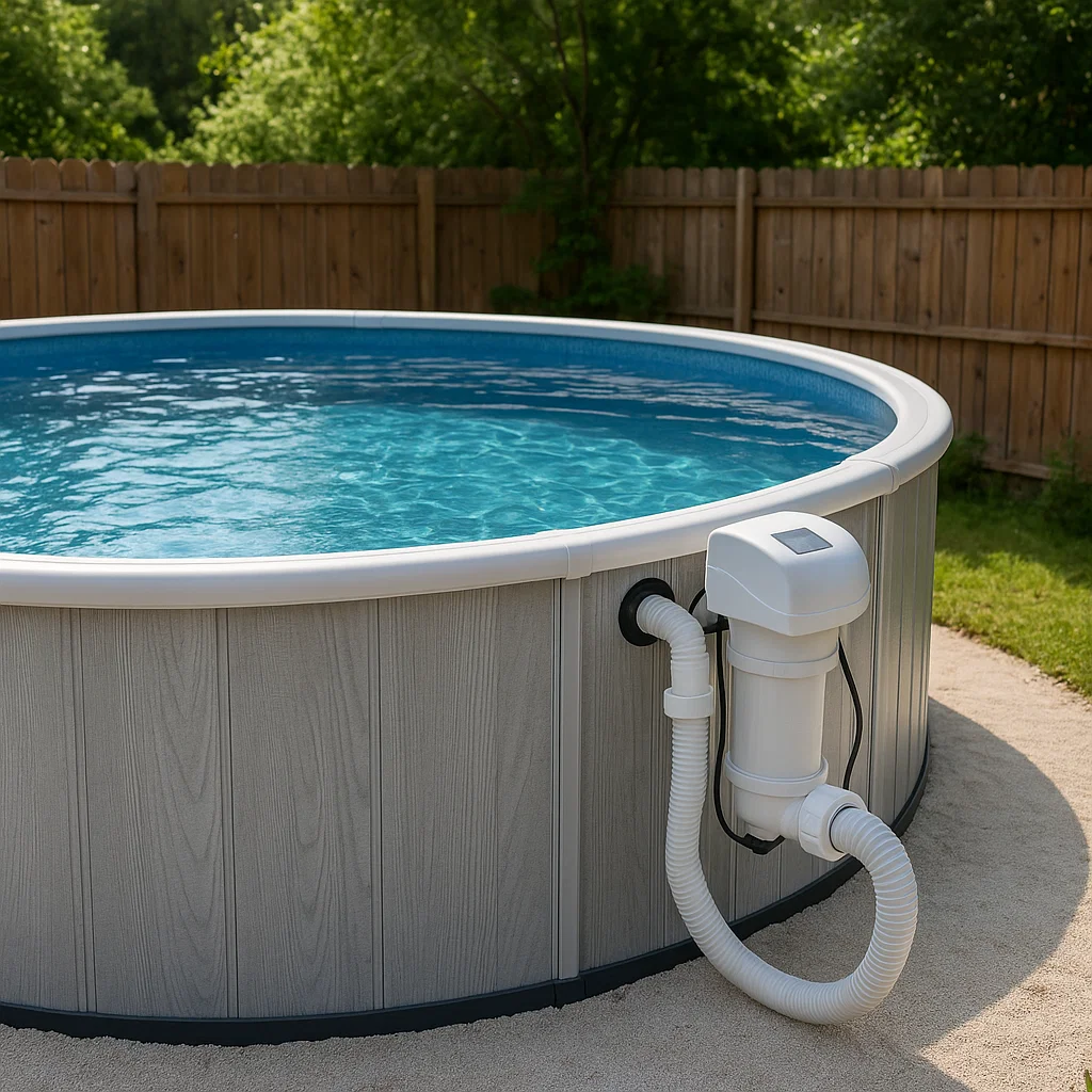 Piscine hors-sol compatible avec l'eau de mer dotée d'un système de filtration moderne et d'un design à faible taux de chlore.