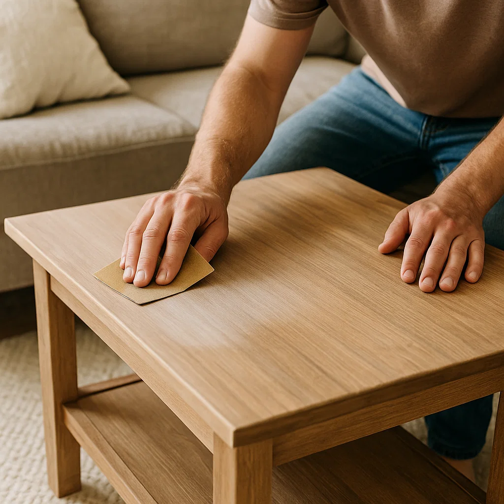 Ponçage à la main d’une surface de table basse en bois pour une finition lisse et uniforme avant l’assemblage.